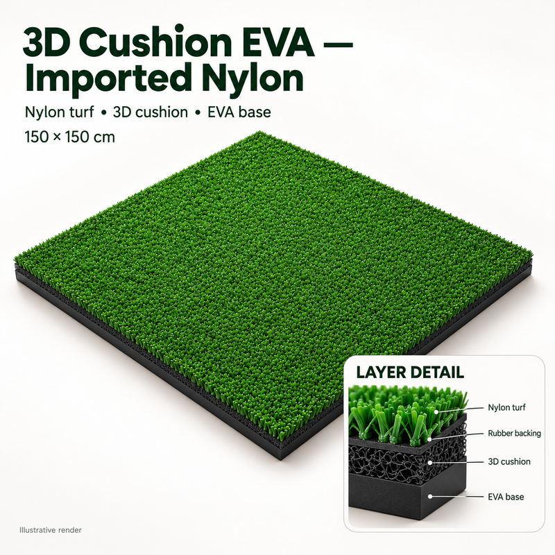 Illustrative product render of 3D Cushion EVA - Imported Nylon, showing turf and base layers