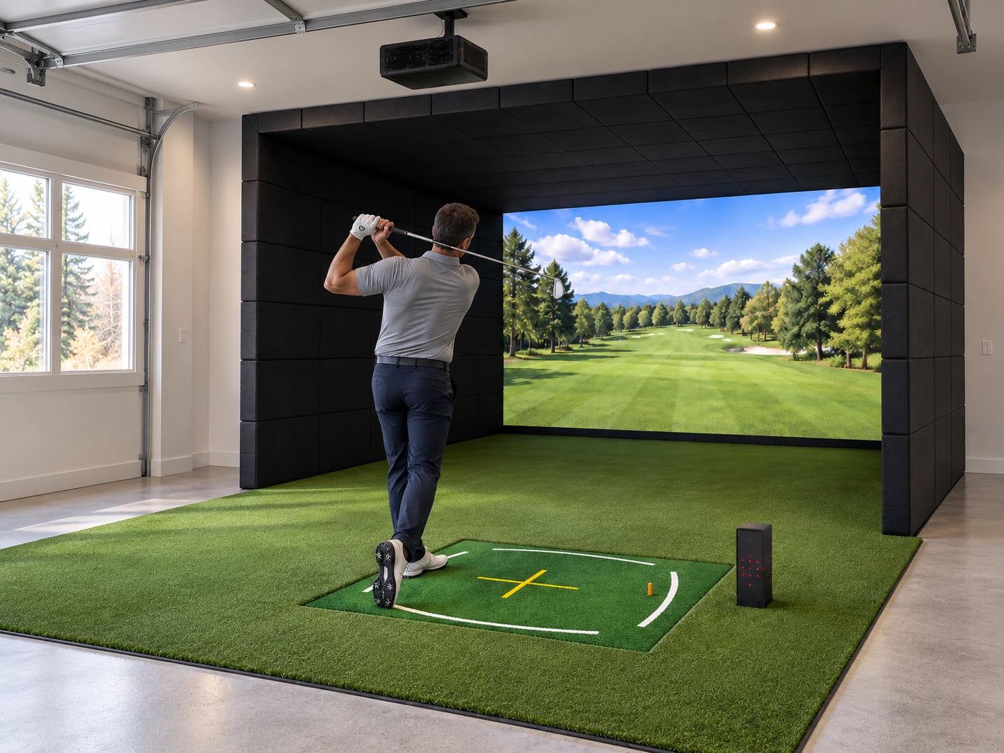 Illustrative garage golf simulator scene with continuous turf; concept scene only