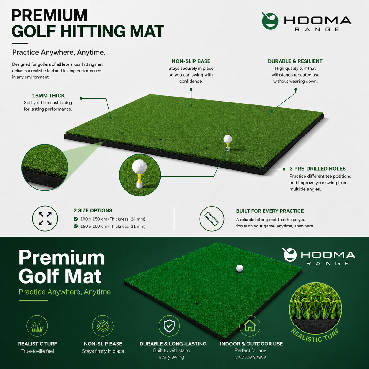 HOOMA RANGE Golf Hitting Mat – 100 × 150 cm