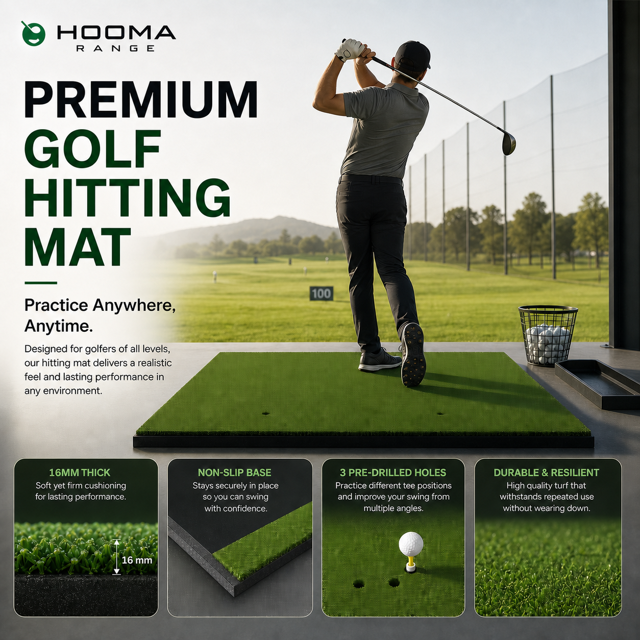 HOOMA RANGE Golf Hitting Mat – 100 × 150 cm