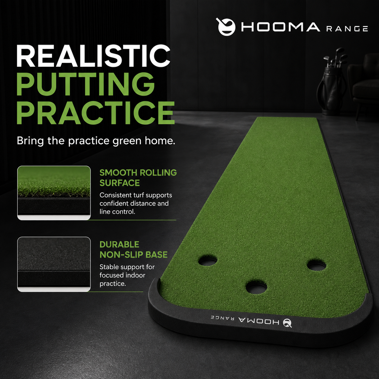 Golfer practising with the HOOMA RANGE putting mat
