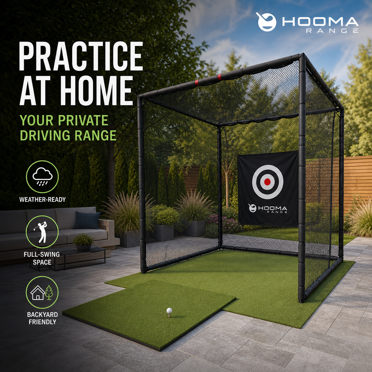 Golfer quickly unrolling a HOOMA RANGE putting mat at home