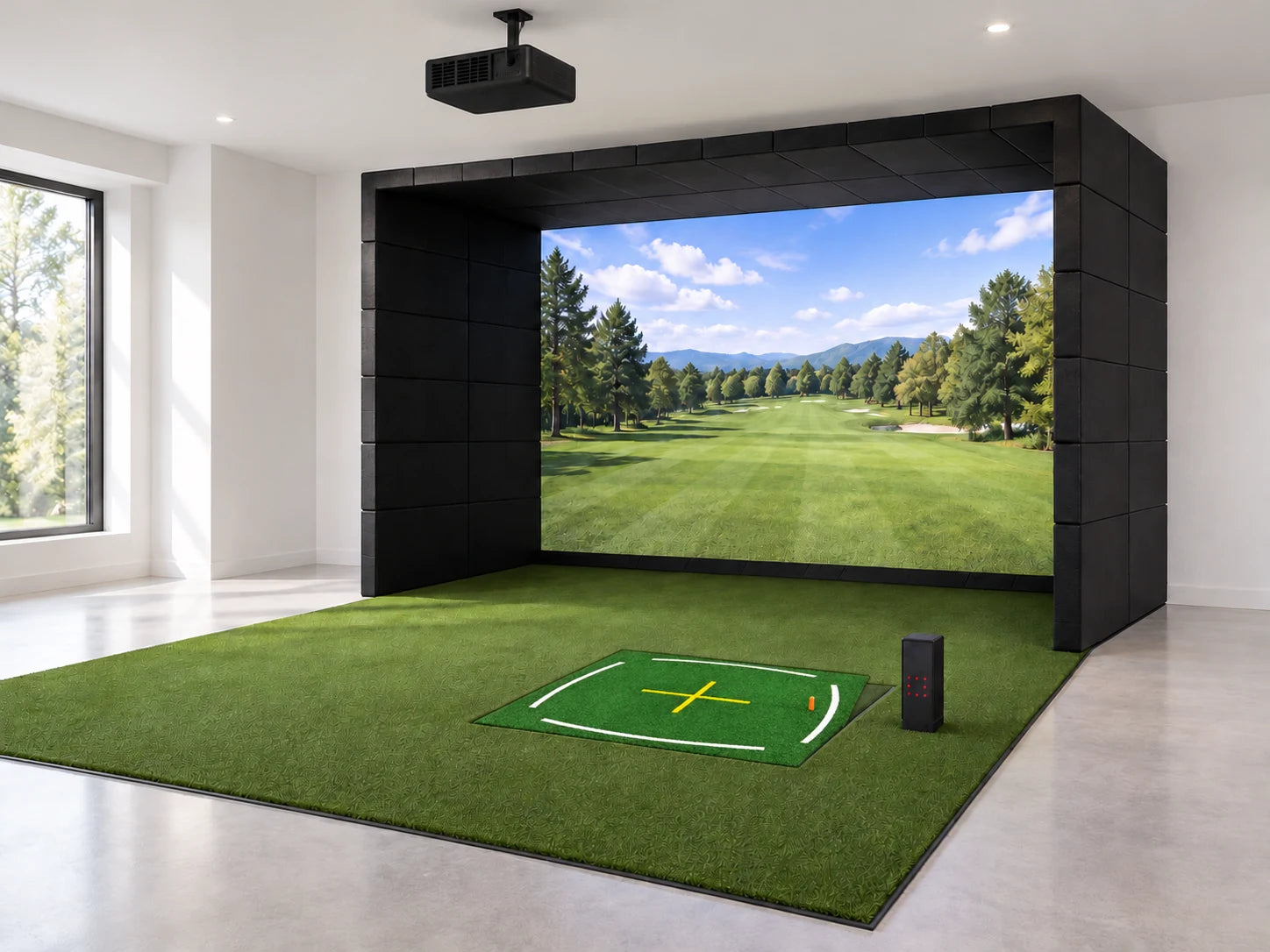 Home simulator configuration concept with full turf flooring