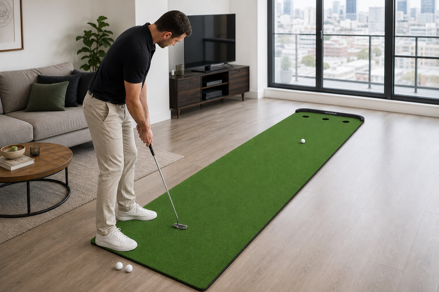 Golfer practising indoors on the HOOMA RANGE 300 by 96 centimetre putting mat